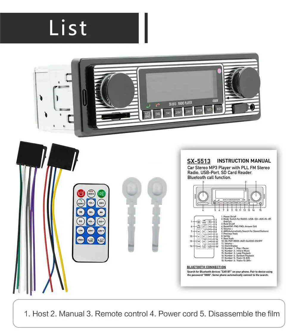 BQCC 1 Din Car BT MP3 Radio Handsfree Find a Car FM SD Power Protection Voice Broadcast Autostereo AUX USB Multimedia car player