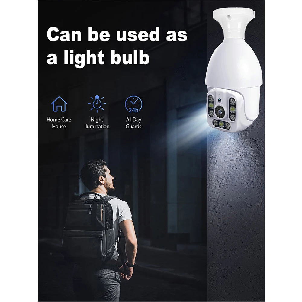 5G WiFi Security Camera Light Bulb - 9-LED Night Vision, Light Socket Powered