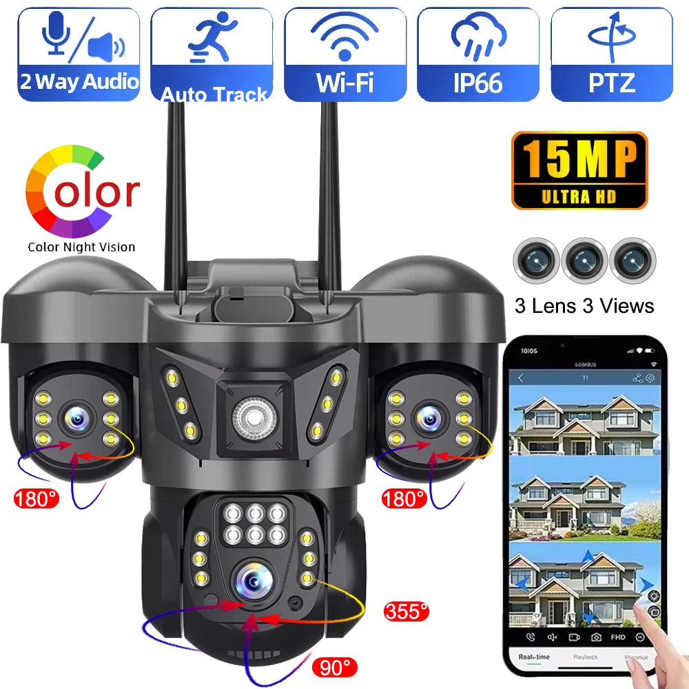 WiFi Security Camera 3 Lens Outdoor Protection 15MP HD Night Vision PTZ Rotate CCTV Cameras Motion Detection Video Surveillance