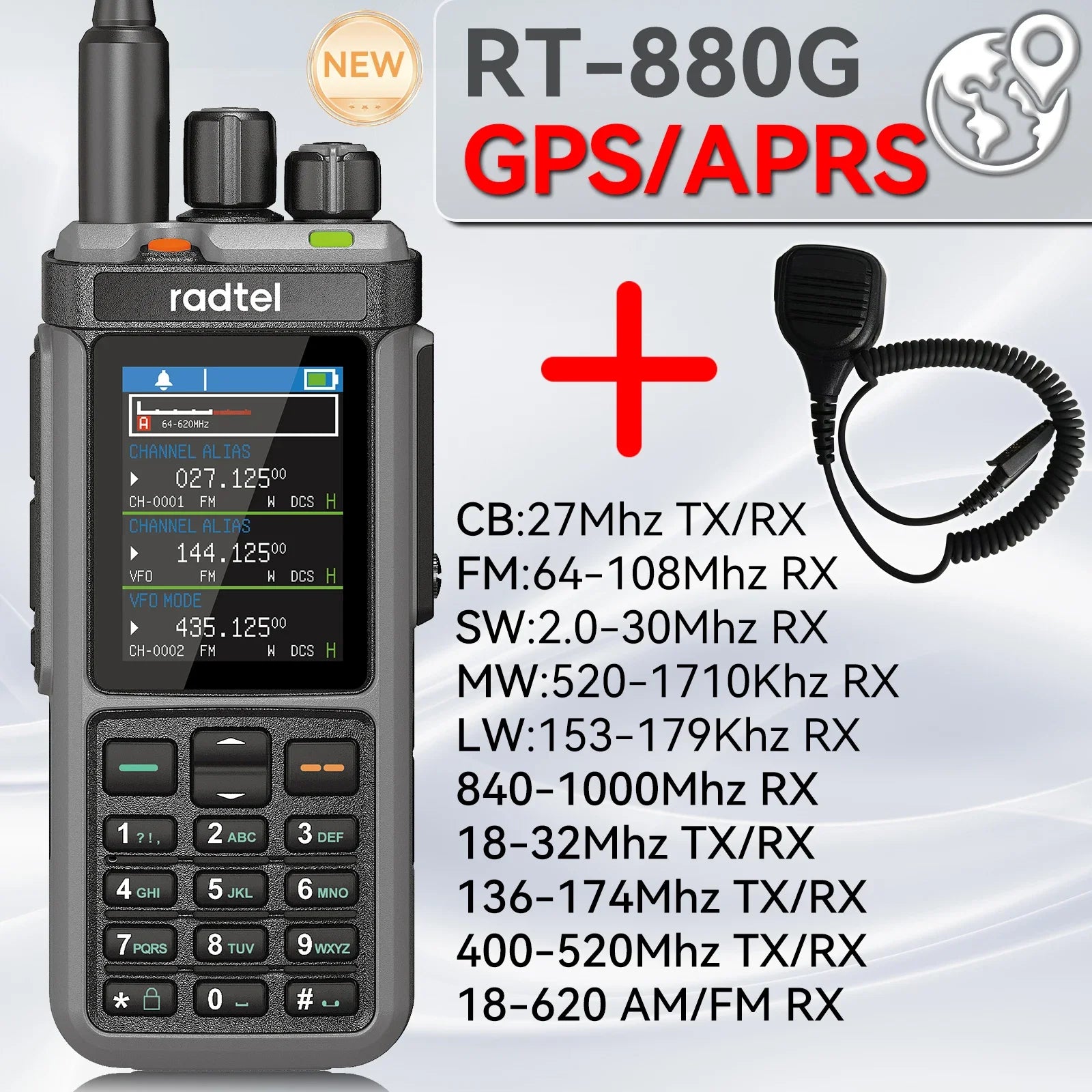 Radtel RT-880G CB Radio 10w all  band ham radio with APRS and GPS functions. It covers HF, UHF, and VHF bands and UHF band