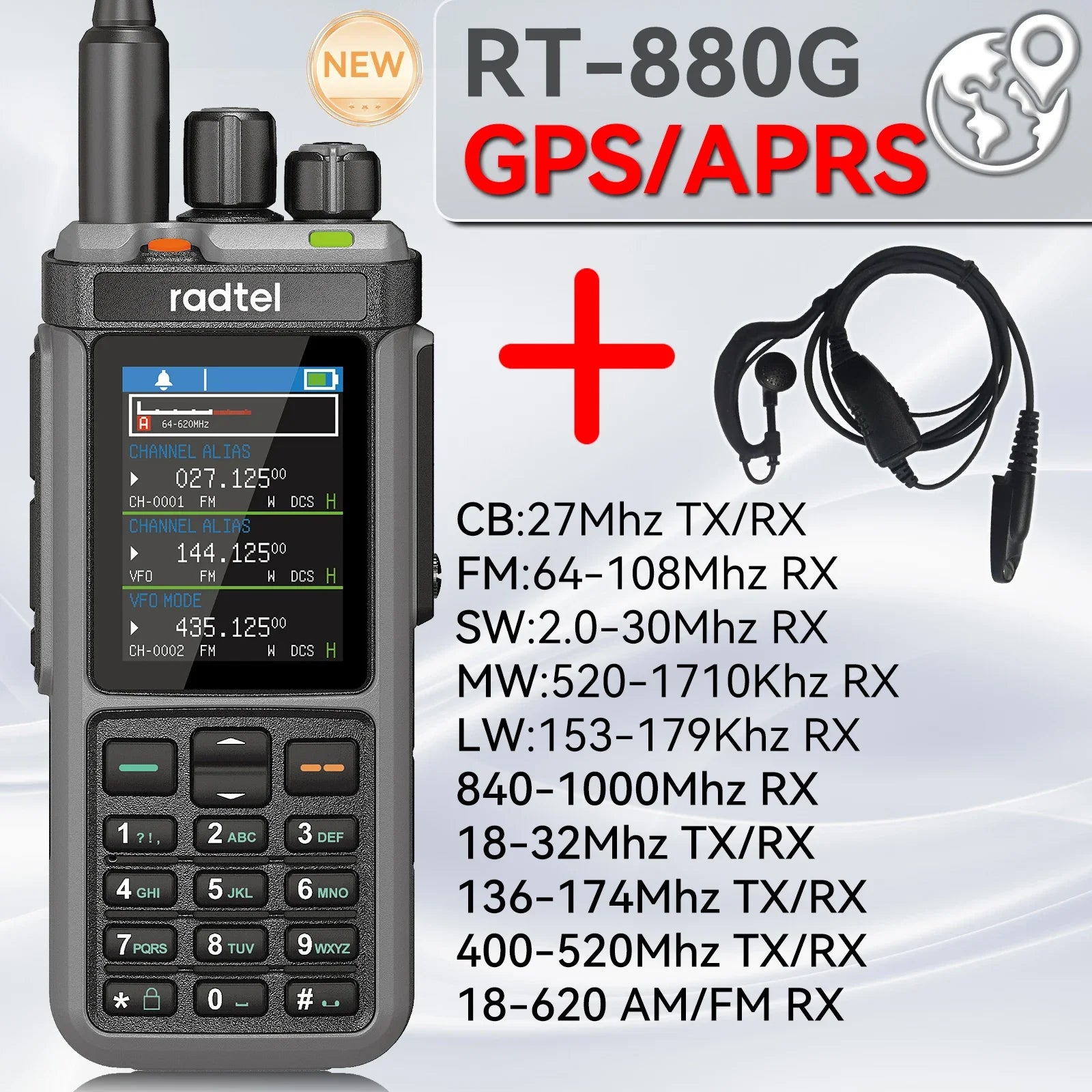 Radtel RT-880G CB Radio 10w all  band ham radio with APRS and GPS functions. It covers HF, UHF, and VHF bands and UHF band