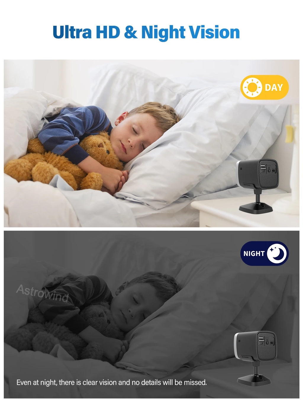 WiFi Security Camera 120° Wide Angle HD Night Vision APP remote operation for car camping house garage home monitoring system