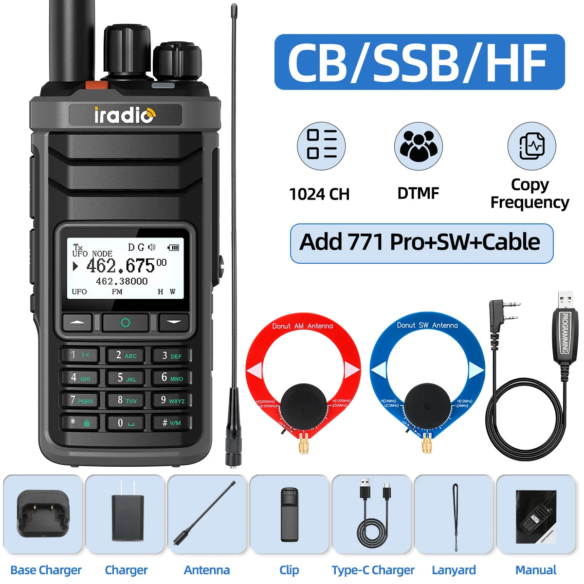 Iradio UV-88 Ham Radio with Short Wave HF SSB CB RX Dual Band Walkie Talkie AM USB LSB CW 1024 Channels Type-C Battery Radio