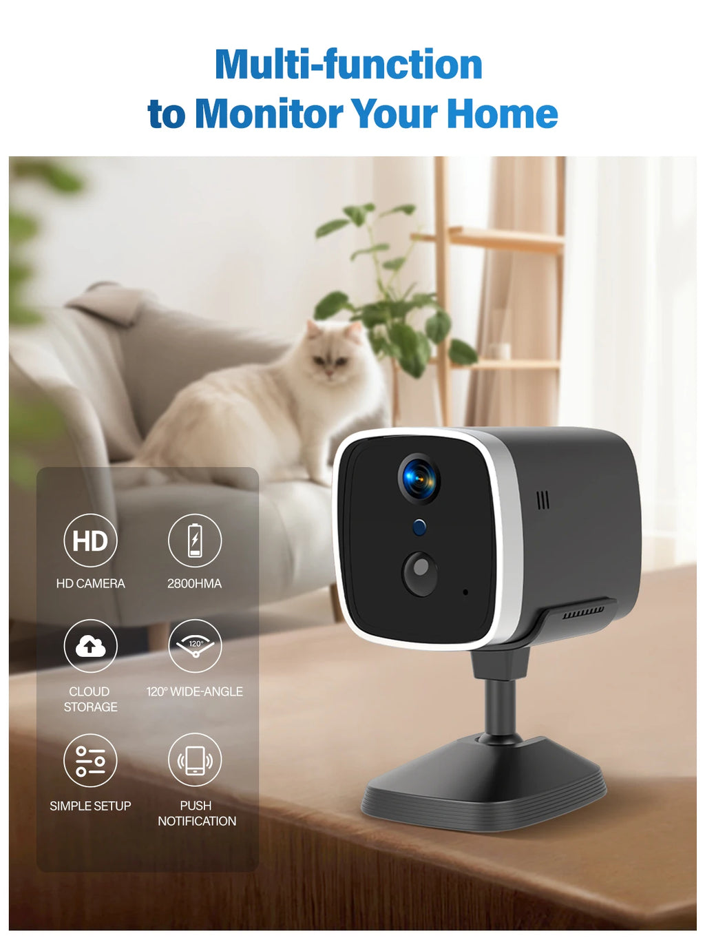 WiFi Security Camera 120° Wide Angle HD Night Vision APP remote operation for car camping house garage home monitoring system