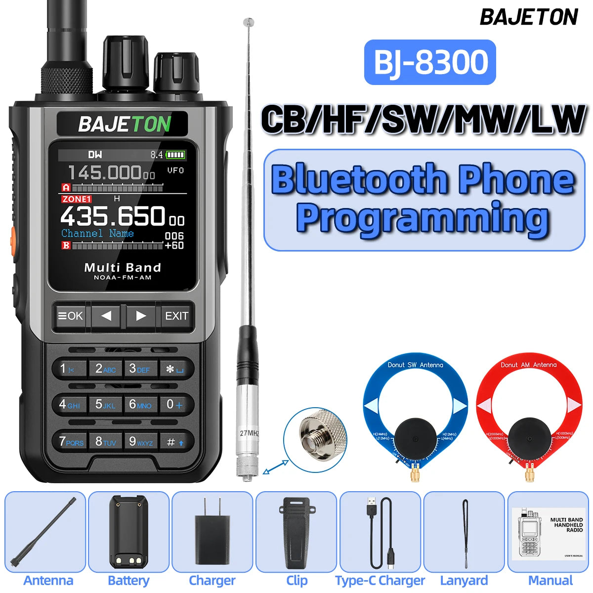 BAJETON BJ-8300 Ham Radio SW AM SSB CB Amateur Wireless Bluetooth Phone Programming Walkie Talkie NOAA Handheld Two Way Radio