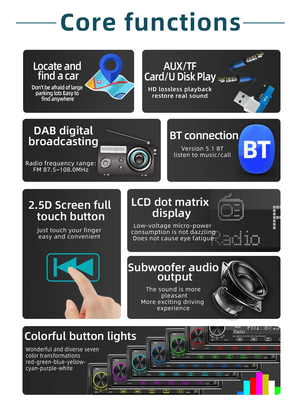 BQCC 1 Din MP3 Car Player DAB Digital Radio Bass-Heavy Audio Location And Car Search 2.5D Screen Full Touch Button Car Audio