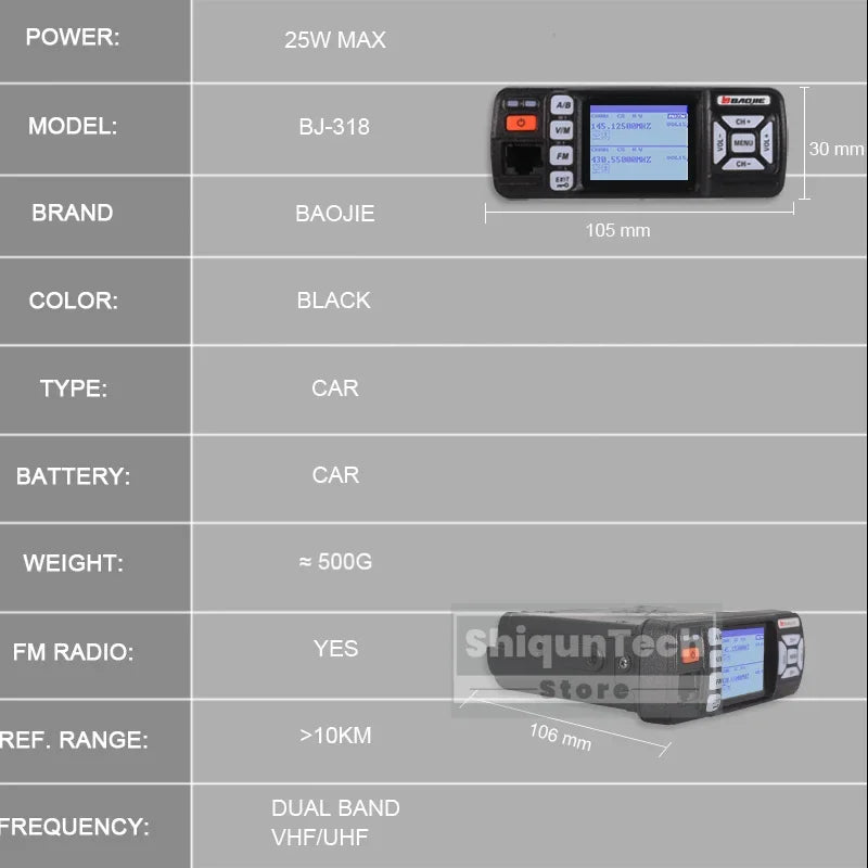 Baojie BJ-318 Mini Car Radio Station Mobile Radio 20/25W VHF/UHF Dual Band 256CH Tri-Power CB Transceiver Long Range Car Radios
