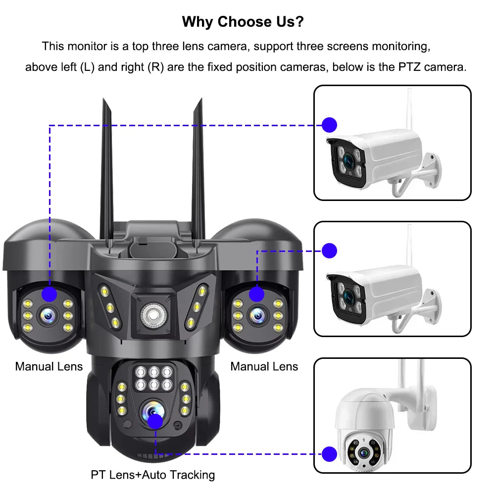 WiFi Security Camera 3 Lens Outdoor Protection 15MP HD Night Vision PTZ Rotate CCTV Cameras Motion Detection Video Surveillance