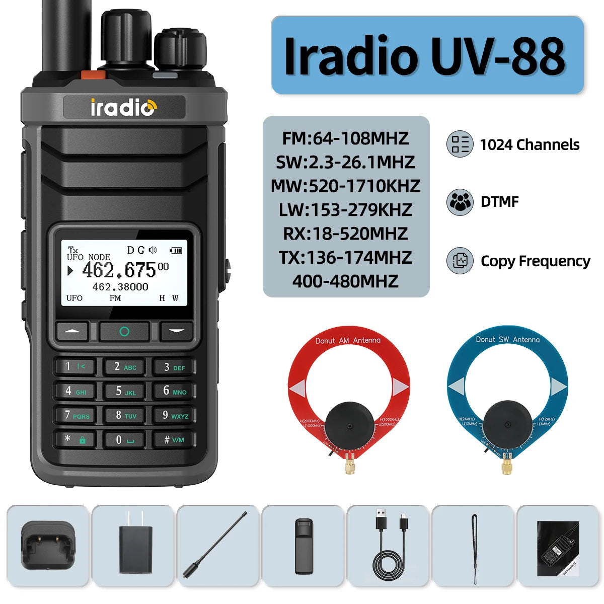 Iradio UV-88 Ham Radio with Short Wave HF SSB CB RX Dual Band Walkie Talkie AM USB LSB CW 1024 Channels Type-C Battery Radio